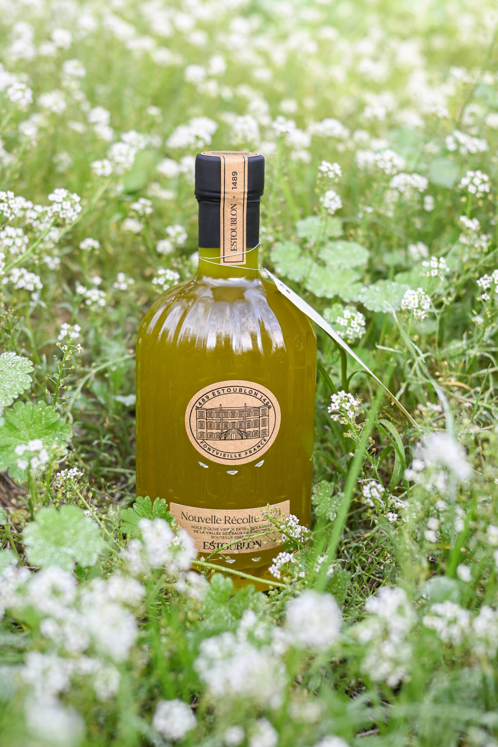 Flacon d'huile d'olive nouvelle récolte 2024 dans un champs de fleurs. Bouteilles striées en verre avec étiquettes en craft.